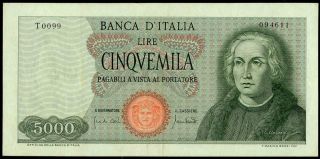 Italy,  5000 Lire 20.  1.  1970.  P98c,  Axf/xf Columbus 1 Type Rare Banknote