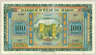MOROCCO 100 FRANCS 1943 VF RARE & BANKNOTE FRENCH COLONIAL CURRENCY 2
