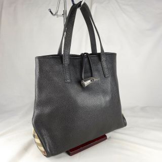 Authentic Rare Vintage Burberry Nova Black Leather Medium Tote Handbag Purse Vgc