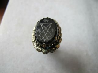 Antique Rare Victorian Bronze Occult Ritual Devil Signet Ring Onyx Stone