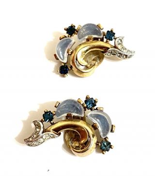 Rare Vintage Gorgeous Deco Rhinestone Trifari Glass Moonstone Earrings