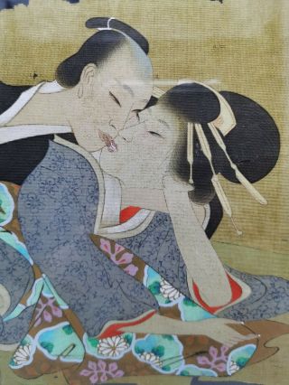 Japanese Meiji Period Shunga Erotic Hand Painted On Silk So Rare