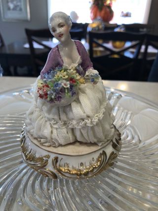 Rare Luigi Fabris Dresden Lace Figurine Lady Holding Flowers Porcelain Italian