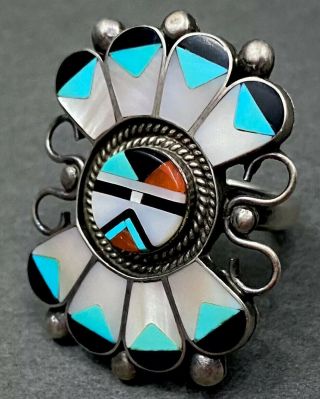 Rare Important Vintage Zuni Turquoise Sun Face Sterling Silver Inlay Ring