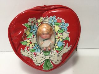 Rare Kiddle Clone Doll Inside Red Patent Leather Heart Shaped Purse Zipper Bag