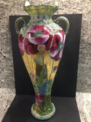 Rare Antique Royal Moriye Nippon Hand Painted Roses Gold Leaf Moriage Vase11.  25”