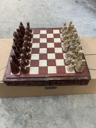 Vintage Mayan Aztec Carved Chess Set Complete Rare Maroon Board Wood
