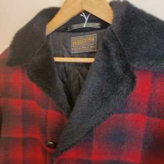 Vintage Pendleton Red Black Buffalo Plaid Wool Fur Trim Coat Rare