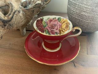 Rare Aynsley Cup And Saucer With Big Roses In Ruby Red,  Vintage Bone China