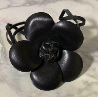 Chanel Camellia Choker Leather Rare Necklace Black Flower