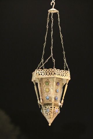Antique Rare Ottoman Brass And Glass Lantern Islamic Mosque Hanging Ramadan