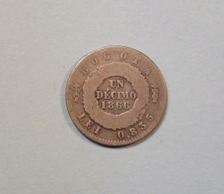 1866 Colombia 1 Decimo Silver World Coin Bogota Rare Low Mintage