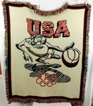 Usa 1996 Olympic Woven Throw Blanket Tasmanian Devil Basketball Space Jam Rare