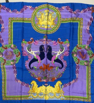 Rare Vtg Gianni Versace Blue & Purple Mermaid Print Silk Scarf