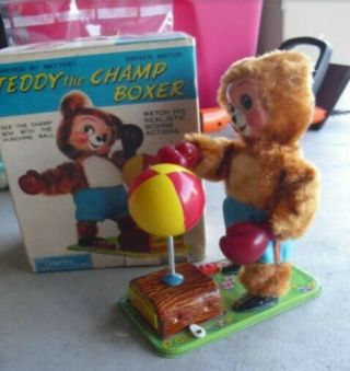 [near Mint] Rare 1950s Alps Cragstan Teddy The Champ Boxer Toy