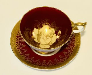 Rare Aynsley Red Burgundy Gold Ivory Floating Rose Tea Cup & Saucer Mismatch