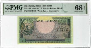 Indonesia 5 Rupiah 1957,  P - 49,  Pmg 68 Epq Gem Unc,  Rare Grade