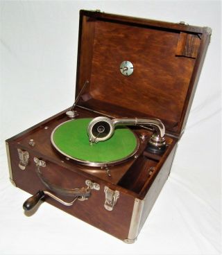Rare Vintage Portable Mahogany Zetco Phonograph Gramophone 78 Rpm Record Player
