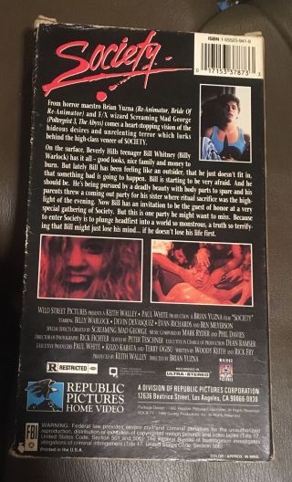 RARE ' Society ' (1989,  Republic Pictures) Horror Cult Classic VHS Video Tape 3