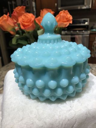 Vintage Fenton Milk Glass Rare Blue Turquoise Hobnail Candy Dish With Lid