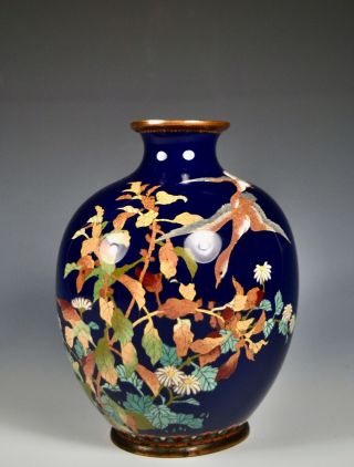 Rare Fine Antique Japanese Meiji Cloisonne Oblong Vase W/ Geese