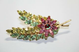 Vintage Trifari Crown Pink/green Rhinestone Flower Brooch Pin Stunning Rare