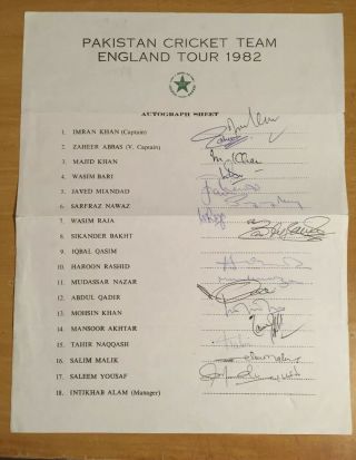 1982 Rare Signed By 16 Pakistan Test Squad Team Sheet Uk Tour Imran Khan,  Abbas