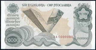 Yugoslavia 2.  000.  000 Dinara 1989 P - 100 Unc Serial Aa0000000 Rare Special Number