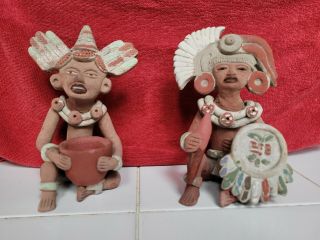 2 Rare Vintage Mexican Clay Pottery Statue Aztec/mayan Figurines