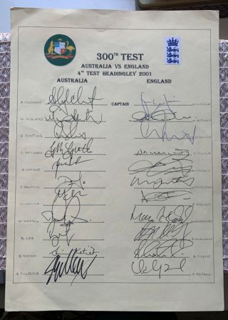 Cricket - Autographed Team Sheet - England V Australia - 300th Test Match 2001 Rare