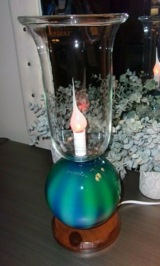 Blenko Blue Green Glass Hurricane Lamp Signed 16 " Tall Rare Find