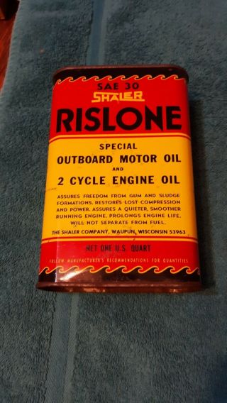 Rare Shaler Rislone Sae 30 Rectangle Outboard Motor Oil 2 & Cycle Engine Oil Can