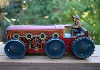 Vintage Louis Marx Tin Toy: Tractor And Farmer,  1930s,  Ny,  Rare Blue Edition