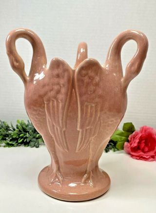 Rare Vintage Red Wing Rumrill Pottery Triple Swan Vase Planter Pink 388 Htf