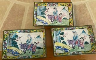 Set of 3 RARE Antique Porcelain Enamel Over Metal Tray Dishes signed CHINA 2