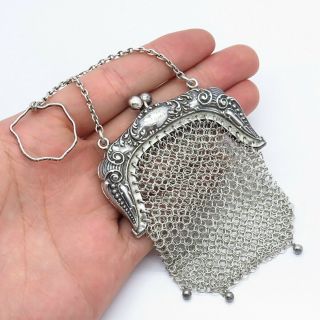 Rare Antique Victorian 925 Sterling Silver Repousse Handmade Mesh Purse W/ Ring
