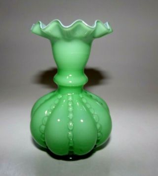 Vintage Fenton Green Overlay Beaded Melon,  Crimped Smallest Vase Rare 1948 - 53