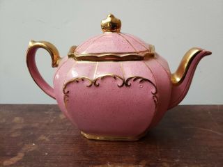 Rare 1922 Vintage Sadler England Cubed Teapot Speckle Pink With Gold Trimmed