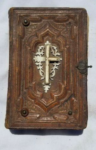 Rare Antique 1800s Czech Holy Bible With Brass Grommets Clasp And Cross