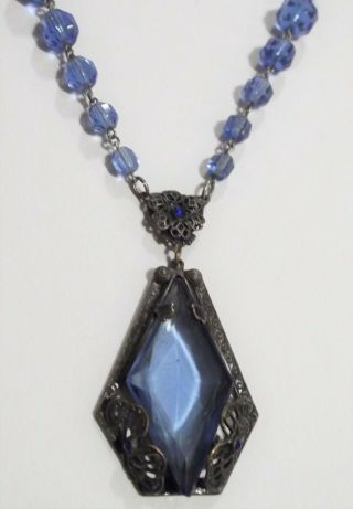 Rare Vtg Art Deco Signed Czech Blue Glass Faceted Necklace W/ Drop Pendant Wow
