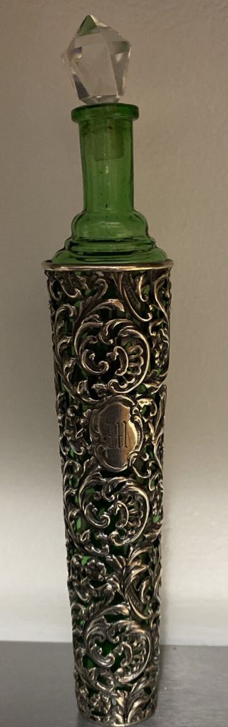 Rare C1900 Art Nouveau Sterling Silver Overlay Green Glass Perfume Bottle