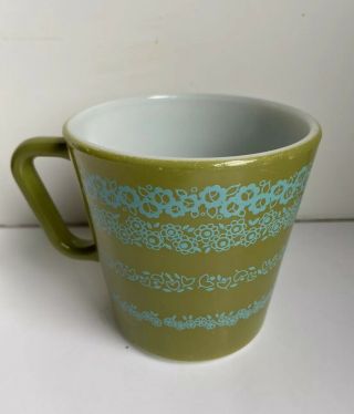 Vintage Rare HTF Corning Pyrex Avocado Green Turquoise Flowers 1410 D Handle Mug 2