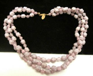 Rare Vintage Signed Miriam Haskell Pink Purple Glass 16 " Triple Strand Necklace