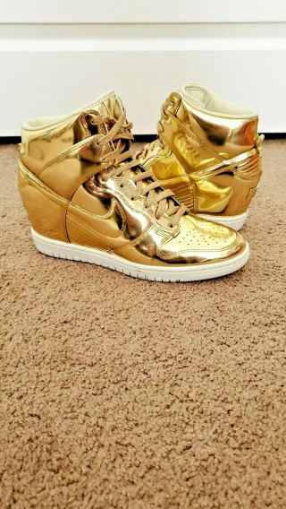 Nike Dunk Sky Hi Sp High Liquid Metallic Gold Womens Wedges Sneaker Rare 8.  5 W