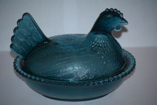 Rare Indiana Glass Smokey Confederate Blue Hen On Nest HON 3