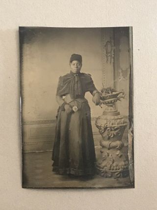 Rare Vintage Tintype Of African American Woman In Black Dress