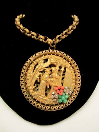 Rare Vintage Signed Miriam Haskell Goldtone Asian 24 " X2 - 1/2 " Pendant Necklace