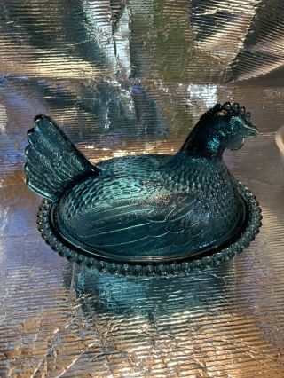 Rare Indiana Glass Smokey Confederate Blue Hen On Nest Hon