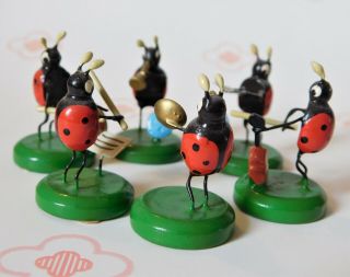 Post 1949 Erzgebirge Ladybug Band Set Of 6 Rare Miniatures Near W/labels