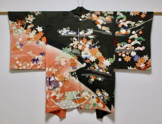 Japanese Kimono Silk Antique Haori / Rare Pattern / Black / Flower /vintage Silk